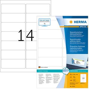 HERMA Self Adhesive Removable Labels, 14 Labels per A4 Sheet, 100 Sheets, 99.1 x 38.1 mm, 1400 Labels, Blank Multipurpose Labels Stickers, Sticky Labels for Laser & Inkjet Printer, White HERMA Self Adhesive Removable Labels, 14 Labels per A4 Sheet, 100 Sheets, 99.1 x 38.1 mm, 1400 Labels, Blank Multipurpose Labels Stickers, Sticky Labels for Laser & Inkjet Printer, White