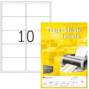 TopStick 8773 Address Mailing Labels, 10 Labels Per A4 Sheet, 99.1 x 57 mm, 10000 Labels, Self Adhesive, Stickers for Laser and Inkjet Printers, White TopStick 8773 Address Mailing Labels, 10 Labels Per A4 Sheet, 99.1 x 57 mm, 10000 Labels, Self Adhesive, Stickers for Laser and Inkjet Printers, White