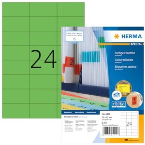 HERMA Self Adhesive Coloured Labels, 24 Labels per A4 Sheet, 100 Sheets, 70 x 37 mm, 2400 Labels, Blank Colour Labels Stickers, Sticky Labels for Laser & Inkjet Printer, Green HERMA Self Adhesive Coloured Labels, 24 Labels per A4 Sheet, 100 Sheets, 70 x 37 mm, 2400 Labels, Blank Colour Labels Stickers, Sticky Labels for Laser & Inkjet Printer, Green