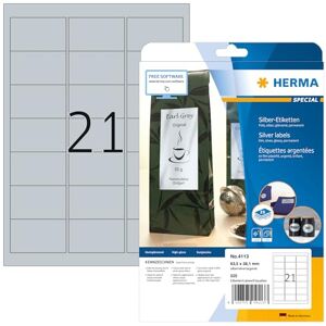 HERMA Silver Foil Labels A4, 63.5 x 38.1 mm, 525 Labels (25 Sheets), Weatherproof, Permanent Adhesion, Suitable for Laser Printers HERMA Silver Foil Labels A4, 63.5 x 38.1 mm, 525 Labels (25 Sheets), Weatherproof, Permanent Adhesion, Suitable for Laser Printers
