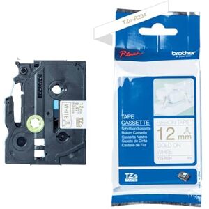 Brother TZe-RN34 Labelling Tape Cassette, Gold on White, 12 mm (W) x 4M (L), Ribbon Tape, Genuine Supplies Brother TZe-RN34 Labelling Tape Cassette, Gold on White, 12 mm (W) x 4M (L), Ribbon Tape, Genuine Supplies