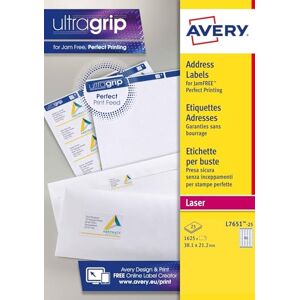 Avery JamFREE, Printable, Address Labels, Customisable, 63.5 x 38.1 mm, White, 65 Labels per Sheet, 1625 Blank Labels per Pack (L7651-25) Avery JamFREE, Printable, Address Labels, Customisable, 63.5 x 38.1 mm, White, 65 Labels per Sheet, 1625 Blank Labels per Pack (L7651-25)