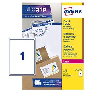 Avery JamFREE, Printable, Parcel Labels, Customisable, 199.6 x 289.1 mm, White, 1 Label per Sheet, 40 Blank Labels per Pack (L7167-40) Avery JamFREE, Printable, Parcel Labels, Customisable, 199.6 x 289.1 mm, White, 1 Label per Sheet, 40 Blank Labels per Pack (L7167-40)
