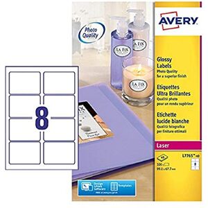 Avery L7765-40 Self-Adhesive Glossy Labels, 8 Labels Per A4 Sheet, White Avery L7765-40 Self-Adhesive Glossy Labels, 8 Labels Per A4 Sheet, White