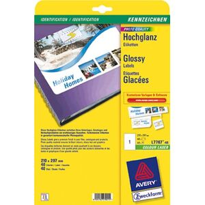 Avery L7767-40 Labels with Special Coating 40 Sheets / 40 Labels / 210 x 297 mm White Avery L7767-40 Labels with Special Coating 40 Sheets / 40 Labels / 210 x 297 mm White