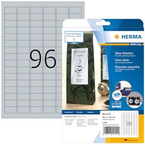 HERMA Self Adhesive Film Labels, 96 Labels per A4 Sheet, 25 Sheets, 30.5 x 16.9 mm, 2400 Labels, Blank Weatherproof Labels Stickers, Sticky Labels for Laser & Inkjet Printer, Silver HERMA Self Adhesive Film Labels, 96 Labels per A4 Sheet, 25 Sheets, 30.5 x 16.9 mm, 2400 Labels, Blank Weatherproof Labels Stickers, Sticky Labels for Laser & Inkjet Printer, Silver