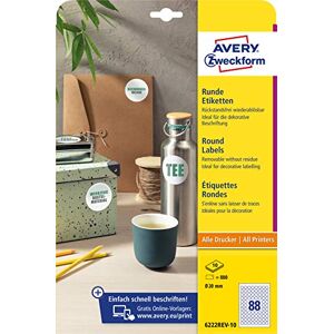 Avery 6222REV-10 Round Labels (880 Adhesive Dots, Diameter 20 mm on A4, Round Stickers for Printing, Removable Without Residue/Removable, Self-Adhesive Jam Labels), 10 Sheets, White Avery 6222REV-10 Round Labels (880 Adhesive Dots, Diameter 20 mm on A4, Round Stickers for Printing, Removable Without Residue/Removable, Self-Adhesive Jam Labels), 10 Sheets, White