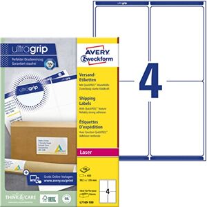 Avery L7169-100 Shipping Labels (400 Labels with Ultragrip, 99.1 x 139 mm on A4, Printable, Self-Adhesive, for Medium, Large Parcels and Postal Tubes) 100 Sheets, White Avery L7169-100 Shipping Labels (400 Labels with Ultragrip, 99.1 x 139 mm on A4, Printable, Self-Adhesive, for Medium, Large Parcels and Postal Tubes) 100 Sheets, White