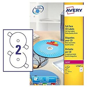 Avery L7676-100 Self-Adhesive Opaque Full Face CD Labels, 2 Labels Per A4 Sheet, White Avery L7676-100 Self-Adhesive Opaque Full Face CD Labels, 2 Labels Per A4 Sheet, White