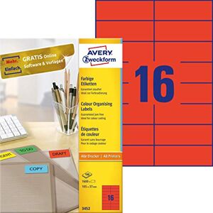 Avery 3452 Coloured Labels – A4 – 1600 Labels 105 x 37 mm 100 Sheets Red Avery 3452 Coloured Labels – A4 – 1600 Labels 105 x 37 mm 100 Sheets Red