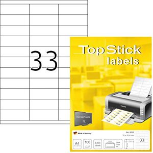 TopStick 8702 Multi-Purpose Labels, 33 Labels Per A4 Sheet, 70 x 25.4 mm, 33000 Labels, Self Adhesive, Small Stickers for Laser and Inkjet Printers, White TopStick 8702 Multi-Purpose Labels, 33 Labels Per A4 Sheet, 70 x 25.4 mm, 33000 Labels, Self Adhesive, Small Stickers for Laser and Inkjet Printers, White