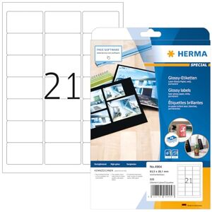HERMA Self Adhesive High Gloss Labels, 21 Labels per A4 Sheet, 25 Sheets, 63.5 x 38.1 mm, 525 Labels, Blank Photo Quality Labels Stickers, Sticky Labels for Laser Printer, White HERMA Self Adhesive High Gloss Labels, 21 Labels per A4 Sheet, 25 Sheets, 63.5 x 38.1 mm, 525 Labels, Blank Photo Quality Labels Stickers, Sticky Labels for Laser Printer, White