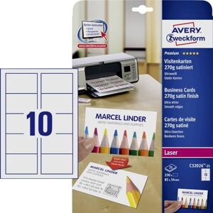 Avery C32026-25 Printable Double-Sided Satin Finish Business Cards, 10 Cards Per A4 Sheet, White Avery C32026-25 Printable Double-Sided Satin Finish Business Cards, 10 Cards Per A4 Sheet, White