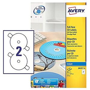 Avery J8676-25 Self-Adhesive Full Face CD Labels, 2 Labels Per A4 Sheet Avery J8676-25 Self-Adhesive Full Face CD Labels, 2 Labels Per A4 Sheet