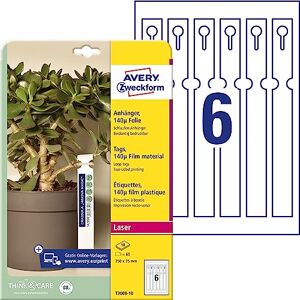 Avery T3008-10 Weatherproof Loop Tags Pack of 60 (250 x 25 mm on A4, Printable Loop Labels, Tear-Resistant Key Chains, Robust Plant Labels), Film, White Avery T3008-10 Weatherproof Loop Tags Pack of 60 (250 x 25 mm on A4, Printable Loop Labels, Tear-Resistant Key Chains, Robust Plant Labels), Film, White