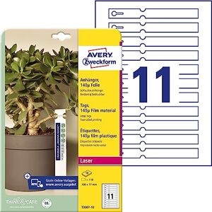 Avery T3007-10 Weatherproof Loop Tags Pack of 110 (160 x 17 mm on A4, Printable Loop Labels, Tear-Resistant Key Chains, Robust Plant Labelling) Foil, White Avery T3007-10 Weatherproof Loop Tags Pack of 110 (160 x 17 mm on A4, Printable Loop Labels, Tear-Resistant Key Chains, Robust Plant Labelling) Foil, White