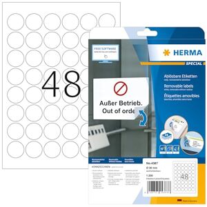 HERMA Self Adhesive Removable Round Labels, 48 Labels per A4 Sheet, 800 Sheets, Ø 30 mm, 38400 Labels, Blank Multipurpose Labels Stickers, Sticky Dots for Laser & Inkjet Printer, White HERMA Self Adhesive Removable Round Labels, 48 Labels per A4 Sheet, 800 Sheets, Ø 30 mm, 38400 Labels, Blank Multipurpose Labels Stickers, Sticky Dots for Laser & Inkjet Printer, White
