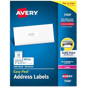 Avery 5160 White Self-Adhesive Address Labels (White, Self-Adhesive Labels, Laser, Rectangular with Rounded Corners, 3000 Items, 100 Sheets) Avery 5160 White Self-Adhesive Address Labels (White, Self-Adhesive Labels, Laser, Rectangular with Rounded Corners, 3000 Items, 100 Sheets)