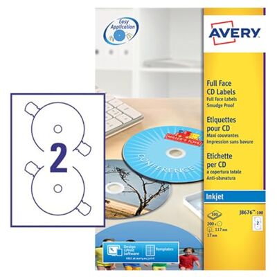 Avery Self-Adhesive Full Face CD Labels, 2 Stickers Per A4 Sheet, White J8676-100 Avery Self-Adhesive Full Face CD Labels, 2 Stickers Per A4 Sheet, White J8676-100