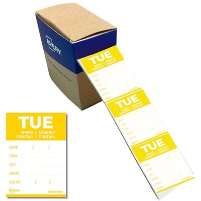Avery Removable, Hand Writable, Detailed Food Day Labels, Strong Adhesive, 40 x 56 mm, Tuesday, Yellow, 500 Labels, Preprinted Design (DLDTUEREV-500) Avery Removable, Hand Writable, Detailed Food Day Labels, Strong Adhesive, 40 x 56 mm, Tuesday, Yellow, 500 Labels, Preprinted Design (DLDTUEREV-500)