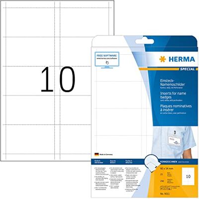 HERMA Name Badge Insert Refills, 10 Pieces Labels per A4 Sheet, 25 Sheets, 90 x 54 mm, 250 Pieces, Blank Inserts for Name Badges, Printable Card Inserts for Laser & Inkjet Printer, White HERMA Name Badge Insert Refills, 10 Pieces Labels per A4 Sheet, 25 Sheets, 90 x 54 mm, 250 Pieces, Blank Inserts for Name Badges, Printable Card Inserts for Laser & Inkjet Printer, White