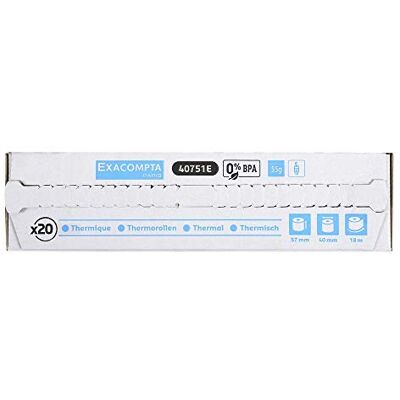 Exacompta Ref. 40642E Pack of 20 rolls for bank card tickets 57x30 mm 1 thermal ply 55g/m2 BPA free. Yardage (+ or 2m): 9 m Exacompta Ref. 40642E Pack of 20 rolls for bank card tickets 57x30 mm 1 thermal ply 55g/m2 BPA free. Yardage (+ or 2m): 9 m