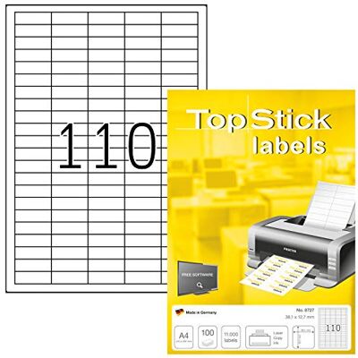 TopStick 8727 Multi-Purpose Labels, 110 Labels Per A4 Sheet, 38.1 x 12.7 mm, 11000 Labels, Self Adhesive, Mini Stickers for Laser and Inkjet Printers, White TopStick 8727 Multi-Purpose Labels, 110 Labels Per A4 Sheet, 38.1 x 12.7 mm, 11000 Labels, Self Adhesive, Mini Stickers for Laser and Inkjet Printers, White