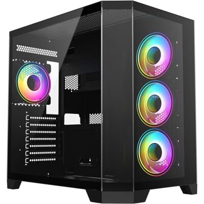 CiT DS360 Gaming PC Case ATX Mid Tower, 4 ARGB Fans, Computer Case, Black Panoramic dual-chamber ATX mid tower gaming case with 4 quiet ARGB fans, a 360mm radiator mount and up to 10 fan slots CiT DS360 Gaming PC Case ATX Mid Tower, 4 ARGB Fans, Computer Case, Black Panoramic dual-chamber ATX mid tower gaming case with 4 quiet ARGB fans, a 360mm radiator mount and up to 10 fan slots
