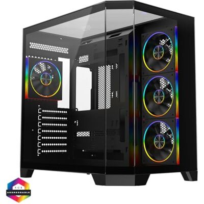 CiT DS360 PRO Gaming PC Case ATX Mid Tower, 4 ARGB Fans, Glass Case, Black Panoramic four-piece glass dual-chamber ATX mid tower gaming case with 4 pre-installed ARGB fans and a 360mm radiator mount CiT DS360 PRO Gaming PC Case ATX Mid Tower, 4 ARGB Fans, Glass Case, Black Panoramic four-piece glass dual-chamber ATX mid tower gaming case with 4 pre-installed ARGB fans and a 360mm radiator mount