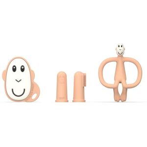 Matchstick Monkey , Antimicrobial Teething Starter Set 1 Flat Face Teether, 1 Animal Teether, 2 Silicone Finger Toothbrushes, 3 Months Old+, Peach Matchstick Monkey , Antimicrobial Teething Starter Set 1 Flat Face Teether, 1 Animal Teether, 2 Silicone Finger Toothbrushes, 3 Months Old+, Peach