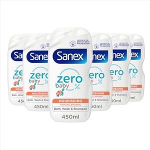 Sanex Zero% Hypoallergenic Nourishing Baby Bath Foam & Shampoo 450ml x 6 0% colourants, sulphates* & soap leaves skin feeling soft and hydrated paediatrician approved tear free formula Sanex Zero% Hypoallergenic Nourishing Baby Bath Foam & Shampoo 450ml x 6 0% colourants, sulphates* & soap leaves skin feeling soft and hydrated paediatrician approved tear free formula
