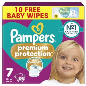 Pampers Premium Protection Size 7, 128 Baby Nappies, 15kg+, Monthly Pack + Harmonie Aqua Baby Wipes 1 pack of 10 Wipes Pampers Premium Protection Size 7, 128 Baby Nappies, 15kg+, Monthly Pack + Harmonie Aqua Baby Wipes 1 pack of 10 Wipes