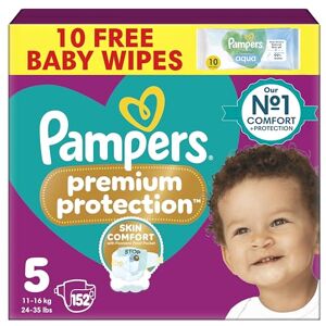 Pampers Premium Protection Size 5, 152 Baby Nappies, 11kg-16kg, Monthly Pack with Harmonie Aqua Baby Wipes 1 Pack of 10 Wipes Pampers Premium Protection Size 5, 152 Baby Nappies, 11kg-16kg, Monthly Pack with Harmonie Aqua Baby Wipes 1 Pack of 10 Wipes