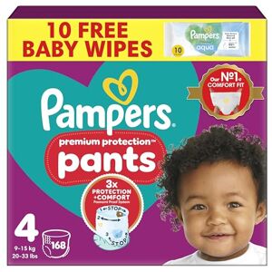 Pampers Premium Protection Nappy Pants Size 4, 168 Nappies, 9kg-15kg, Monthly Pack + Harmonie Aqua Baby Wipes 1 pack of 10 Wipes Pampers Premium Protection Nappy Pants Size 4, 168 Nappies, 9kg-15kg, Monthly Pack + Harmonie Aqua Baby Wipes 1 pack of 10 Wipes