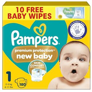 Pampers Premium Protection New Baby Size 1, 180 Nappies, 2kg-5kg, Monthly Pack, The Only Newborn Nappy Approved by British Skin Foundation Pampers Premium Protection New Baby Size 1, 180 Nappies, 2kg-5kg, Monthly Pack, The Only Newborn Nappy Approved by British Skin Foundation