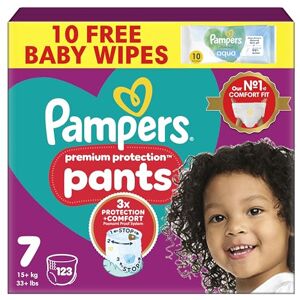 Pampers Premium Protection Nappy Pants Size 7, 123 Nappies, 15kg+, Monthly Pack + Harmonie Aqua Baby Wipes 1 pack of 10 Wipes- Pampers Premium Protection Nappy Pants Size 7, 123 Nappies, 15kg+, Monthly Pack + Harmonie Aqua Baby Wipes 1 pack of 10 Wipes-