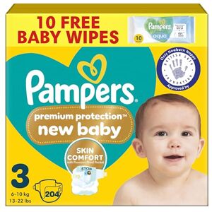 Pampers Premium Protection New Baby Size 3, 204 Nappies, 6kg-10kg, Monthly Pack, The Only Newborn Nappy Approved by British Skin Foundation Pampers Premium Protection New Baby Size 3, 204 Nappies, 6kg-10kg, Monthly Pack, The Only Newborn Nappy Approved by British Skin Foundation