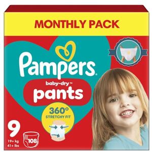 Pampers Baby-Dry Nappy Pants Size 9, 108 Nappies, 19kg+, Monthly Pack, 360° Fit to Help Prevent Gaps and Leaks Pampers Baby-Dry Nappy Pants Size 9, 108 Nappies, 19kg+, Monthly Pack, 360° Fit to Help Prevent Gaps and Leaks