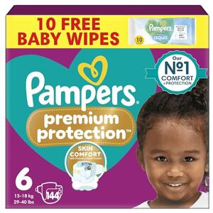 Pampers Premium Protection Size 6, 144 Baby Nappies, 13kg-18kg, Monthly Pack, Harmonie Aqua Baby Wipes 1 Pack of 10 Wipes Pampers Premium Protection Size 6, 144 Baby Nappies, 13kg-18kg, Monthly Pack, Harmonie Aqua Baby Wipes 1 Pack of 10 Wipes