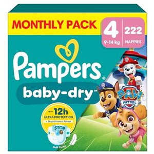 Pampers Baby-Dry Paw Patrol Edition Size 4, 222 Nappies, 9kg-14kg, Monthly Pack, Up to a 100% Leak-Free & Comfortable Night Pampers Baby-Dry Paw Patrol Edition Size 4, 222 Nappies, 9kg-14kg, Monthly Pack, Up to a 100% Leak-Free & Comfortable Night