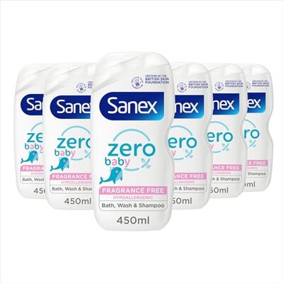 Colgate Sanex Zero% Hypoallergenic Baby Bath Foam & Shampoo 450ml x 6-0% Fragrance, colourants, sulphates* & soap soothes Delicate Skin Paediatrician Approved Tear Free Formula Colgate Sanex Zero% Hypoallergenic Baby Bath Foam & Shampoo 450ml x 6-0% Fragrance, colourants, sulphates* & soap soothes Delicate Skin Paediatrician Approved Tear Free Formula