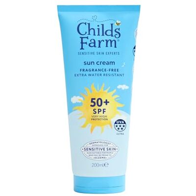 Childs Farm Kids & Baby Sun Cream SPF 50+ UVA & UVB Very High Protection Extra Water Resistant Fragrance Free Suitable for Dry, Sensitive Skin, 200ml Childs Farm Kids & Baby Sun Cream SPF 50+ UVA & UVB Very High Protection Extra Water Resistant Fragrance Free Suitable for Dry, Sensitive Skin, 200ml