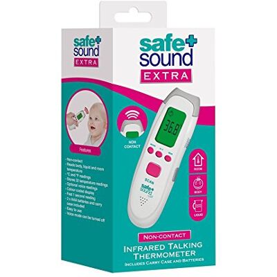 Safe + Sound Safe and Sound Non-Contact, English Speaking Body, Room, Bath and Food Temperature Thermometer for All Ages. Comes with Batteries. Safe + Sound Safe and Sound Non-Contact, English Speaking Body, Room, Bath and Food Temperature Thermometer for All Ages. Comes with Batteries.