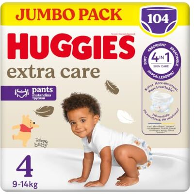 HUGGIES Extra Care Nappy Panties Size 4 (7-14Kg), 4 Packs Of 26 Diapers 4280 Gr HUGGIES Extra Care Nappy Panties Size 4 (7-14Kg), 4 Packs Of 26 Diapers 4280 Gr