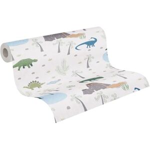 A.S. Création Children's Room Wallpaper Lilly & Luis Solid Non-Woven Wallpaper with Dinosaur Design, 10,05 m x 0,53 m, Blue, Multicoloured, Green, Made in Germany, 771401. A.S. Création Children's Room Wallpaper Lilly & Luis Solid Non-Woven Wallpaper with Dinosaur Design, 10,05 m x 0,53 m, Blue, Multicoloured, Green, Made in Germany, 771401.