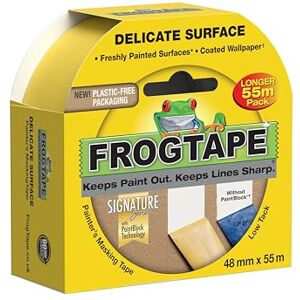 Frog Tape Yellow Delicate Surface Painters Masking Tape 48mm x 55m. Indoor painting and decorating for sharp lines and no paint bleed Frog Tape Yellow Delicate Surface Painters Masking Tape 48mm x 55m. Indoor painting and decorating for sharp lines and no paint bleed