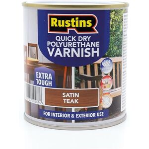 RUSTINS Quick Dry Poly Varnish Satin Teak 500ml -Tough, Water-Based Clear Finish in Gloss, Matt or Satin; Durable Protection for Interior Wood, Furniture and Floors RUSTINS Quick Dry Poly Varnish Satin Teak 500ml -Tough, Water-Based Clear Finish in Gloss, Matt or Satin; Durable Protection for Interior Wood, Furniture and Floors