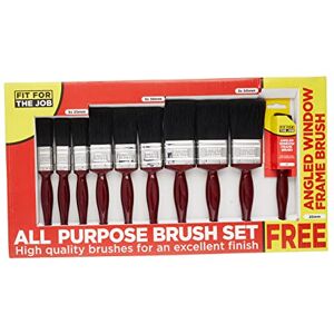 Fit For The Job 9 piece All Purpose Mixed Bristle Paint Brush Set + Free Window Brush for a Smooth Finish Painting with Emulsion, Gloss and Satin Paints on Walls, Ceilings, Wood and Metal Fit For The Job 9 piece All Purpose Mixed Bristle Paint Brush Set + Free Window Brush for a Smooth Finish Painting with Emulsion, Gloss and Satin Paints on Walls, Ceilings, Wood and Metal