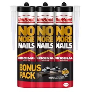 Unibond No More Nails Original, Heavy-Duty Mounting Adhesive, No Nails Strong Glue for Wood, Ceramic, Metal etc., White Instant Grab Adhesive, Pack of 3 (3 x 365g Cartridges) Unibond No More Nails Original, Heavy-Duty Mounting Adhesive, No Nails Strong Glue for Wood, Ceramic, Metal etc., White Instant Grab Adhesive, Pack of 3 (3 x 365g Cartridges)