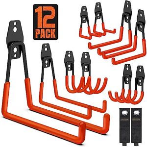 SMARTOLOGY Garage Hooks, 12 Pack Wall Storage Hooks with 2 Extension Cord Storage Straps, Heavy Duty Tool Hangers for Utility Organizations, Wall Mount Holders for Garden Lawn Tools, Ladders, Bike (Orange) SMARTOLOGY Garage Hooks, 12 Pack Wall Storage Hooks with 2 Extension Cord Storage Straps, Heavy Duty Tool Hangers for Utility Organizations, Wall Mount Holders for Garden Lawn Tools, Ladders, Bike (Orange)
